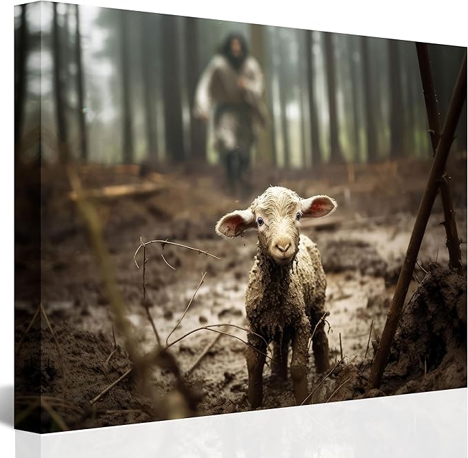 Jesus and Lamb Canvas Wall Art Jesus Running After Lost Lamb Picture Wall Art Canvas Print Christian Home Decor 30x24 inch (Landscape)