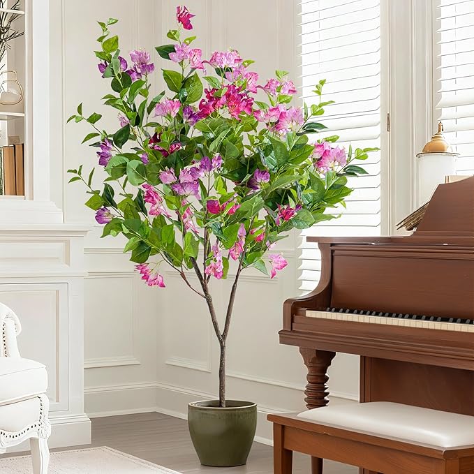 4FT Artificial Bougainvillea Tree Artificial Tree Tall Potted Fake Bougainvillea Trees for Outdoor Indoor Lifelike Potted Faux Plants with Wood Trunk and Flowers Office Wedding Home Decor