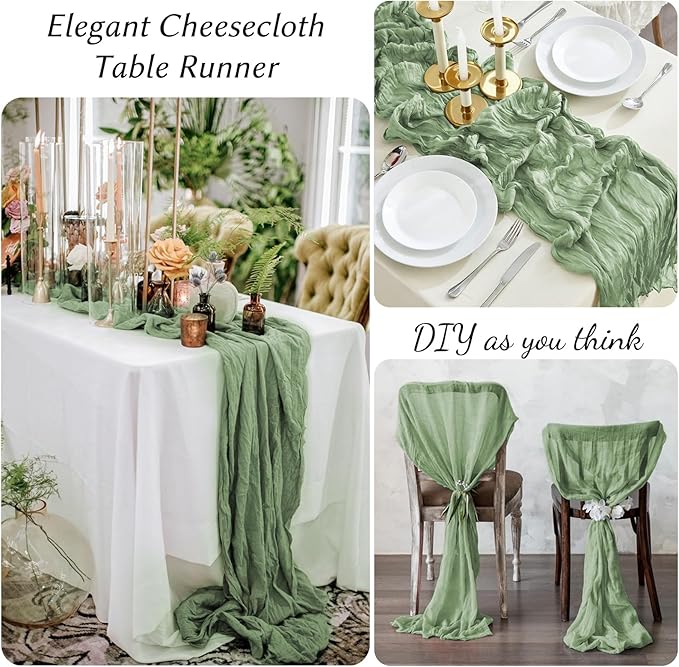 10 Pack Sage Green Cheesecloth Table Runner,10FT/120 Inch Boho Gauze Fabric Table Runner,Rustic Sheer Sage Green Cheese Cloth Runner Bulk for Wedding,Bridal Baby Shower,Birthday Party,Table Decor
