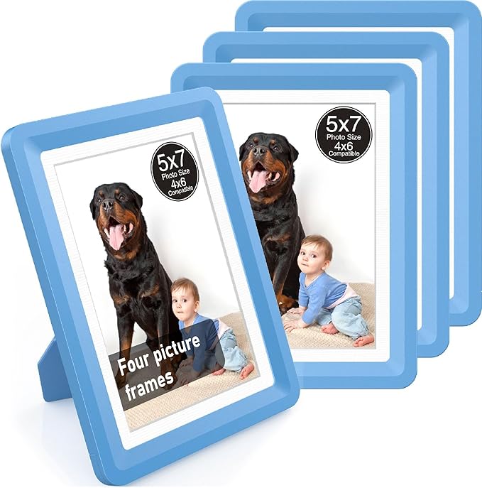 Blue 5x7 Picture Frame with Acrylic Front 4 Pack, ABS Frame for 5x7 or 4x9 Photos, Shatterproof UV-Resistant Tabletop Photo Frame, Vertical/Horizontal Display for Home Décor