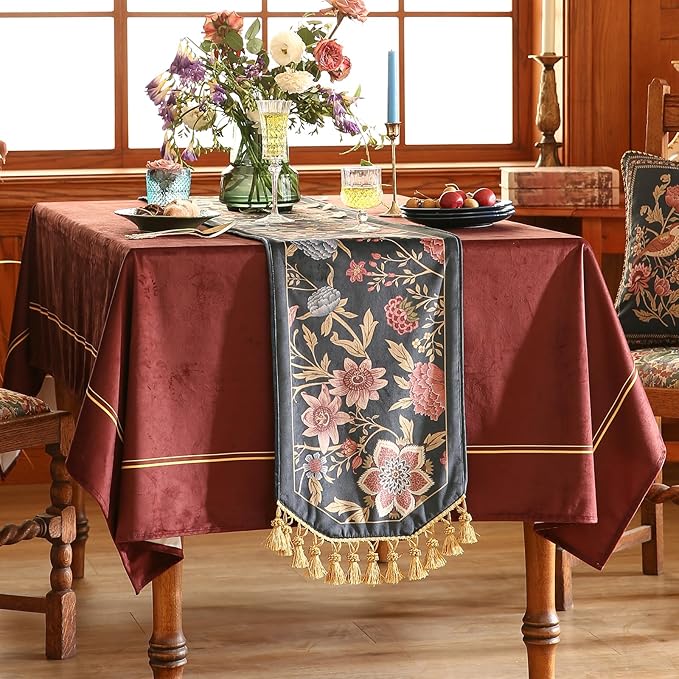 patdrea Designer Vintage Black Floral Velvet Table Runner 71 Inch Long, Pink Khaki Bouquets Pattern Table Mat, Decoration for Kitchen Dining Coffee Table Cabinet Banquet Thanksgiving,12"*71"