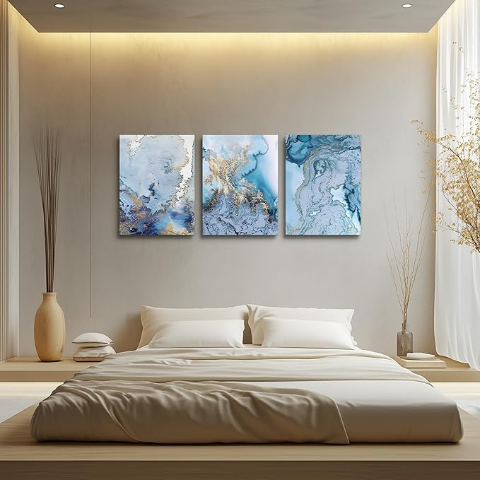 Abstract Canvas Wall Art For Living Room Bedroom Decoration Bathroom Wall Decor Blue Abstract Watercolor Painting Home Decoration Kitchen Posters Pictures Artwork,Inspirational Wall Art 3 Piece Set