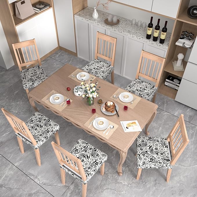 Stretch Dining Chair Seat Covers Set of 6,Dining Chair Slipcovers, Floral Printed Chair Covers,Soft Fabric Washable Upholstered Chair Seat Protector, No Rear Covers for Home Kitchen Dining Room
