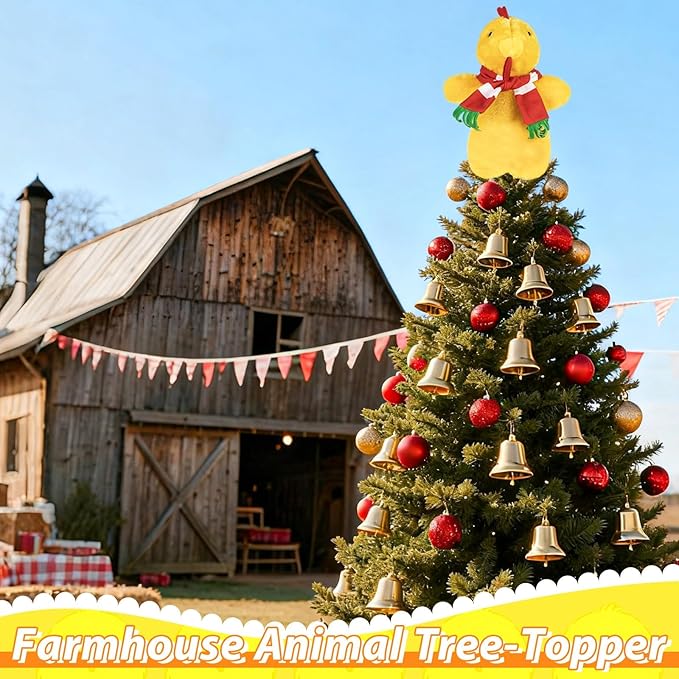 Eyourlife 12 in Chicken Christmas Tree Topper,Cute with Red Scarf Plush Stuffed Yellow Chicken Tree Top, Winter Farm Chicken Tree Toppers Decor for Xmas Party Home Indoor/Outdoor Tree Tops Decoration