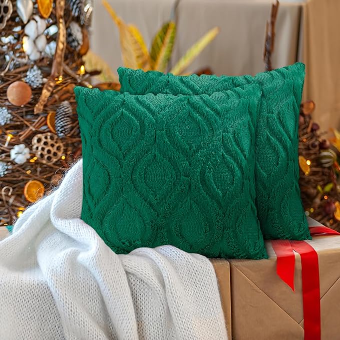 decorUhome Christmas Throw Pillow Covers 12x20 Inch Set of 2, Soft Plush Faux Wool Green Solid Couch Pillow Covers, Accent Farmhouse Neutral Square Pillow Cases for Sofa Bed Living Room