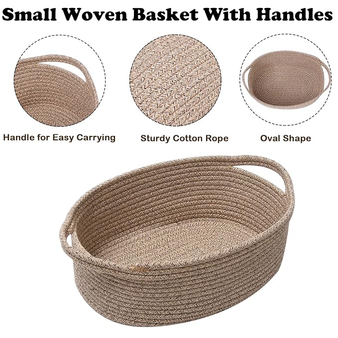 Small Woven Rope Basket-Empty Gifts Basket with Bag and Ribbons,Cute Handle Organizer Box for Birthday/Baby Shower, Toy Storage, Nursery Organizing & Shelf Decor(Mixed Brown)