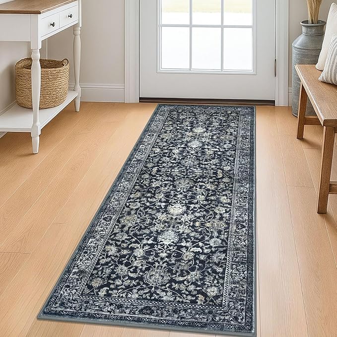 KILOCOCO Hallway Runner 2x5 Rug Runner Printed Vintage Floral Washable Kitchen Runners Non-slip Rubber Backed Runners for Hallways Laundry Room Distressed Boho Rugs for Entryway Bedroom, Navy/Charcoal