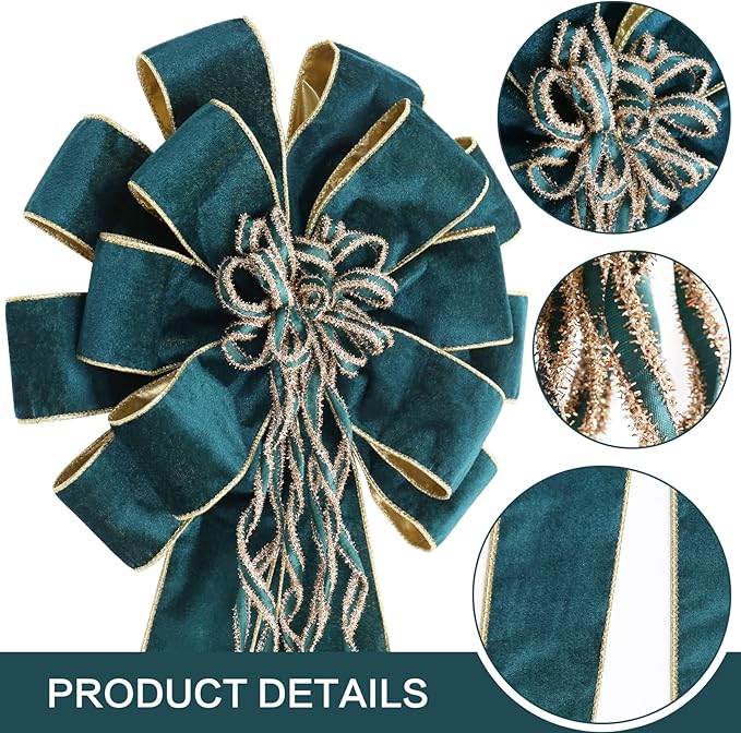 Green/Gold Velvet Christmas Tree Topper, 48x12 Inch Christmas Bow Tree Topper for Xmas Tree Decorations, for Xmas Ornaments Holiday Home Indoor/Outdoor Wedding Thanksgiving Decor.