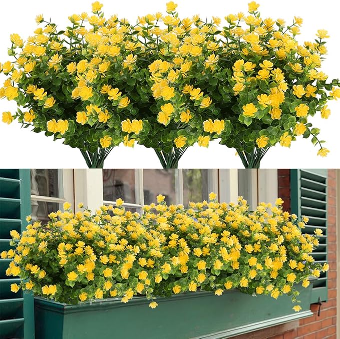 20 Bundles Artificial Flowers, Fake Artificial Greenery UV Resistant No Fade Faux Plastic Plants for Wedding Bridle Bouquet Indoor Outdoor Home Garden Kitchen Office Table Vase (Yellow)
