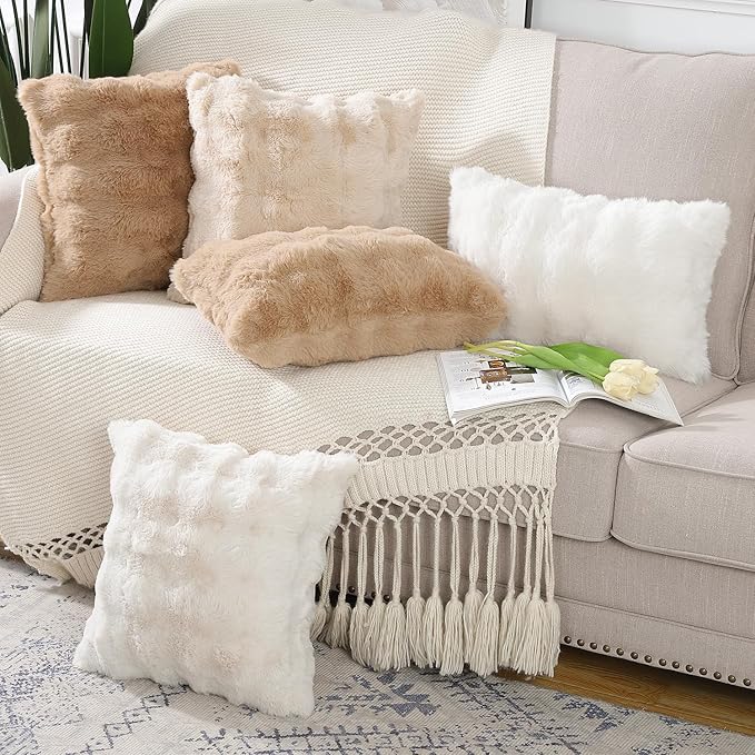 MADIZZ Pack of 2 Thick Plush Wool Throw Pillow Covers 26x26 Inch Cream Soft Neutral Decorative Throw Pillows Accent Boho Cushion Covers for Couch Sofa Bedroom Pillow Shell