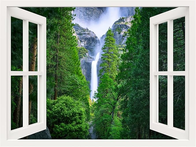 wall26 Removable Wall Sticker/Wall Mural Window View Green Lush Waterfall Forest Mountain Wilderness Nature Photography Realism Rustic Landscape Colorful for Living Room, Bedroom, Office - 24"x32"