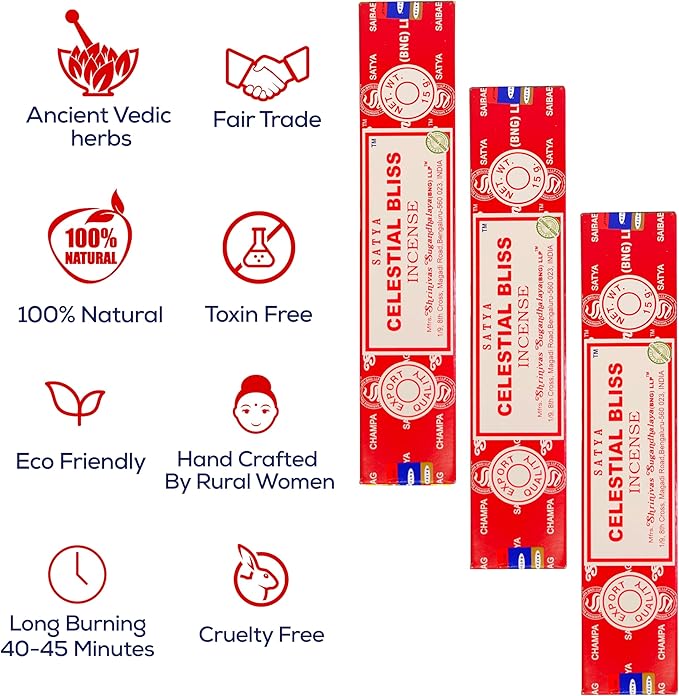 Satya Celestial Bliss Incense Sticks, Satya Bng (Bangalore) Insenses 15gmx12 Pack with Raajsee Incense Holder Bundle, Satya Nagchampa Natural Incense