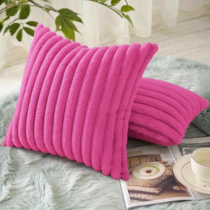 decorUhome Faux Fur Christmas Throw Pillow Covers 24x24 Set of 2, Decorative Soft Plush Striped Neutral Couch Euro Pillow Covers with Velvet Back for Sofa, Bed, Living Room Home Decor, Hot Pink