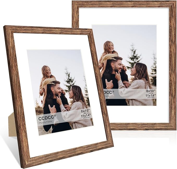 11x14 Picture Frame Set of 2, 11 x 14 Wood Photo Frames with Mat for 8x10, Natural Wooden Frame with Real Glass Cover for Wall and Tabletop Display,Rustic Brown