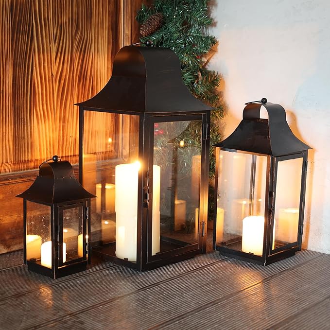 DECORKEY 3Pack Lanterns Decorative Outdoor & Indoor, Large Square Lanterns Decorative for Front Porch, Metal Frame Candle Holders with Glass, Vintage Patio, Pathway, Balcony, Garden, Yard Decor