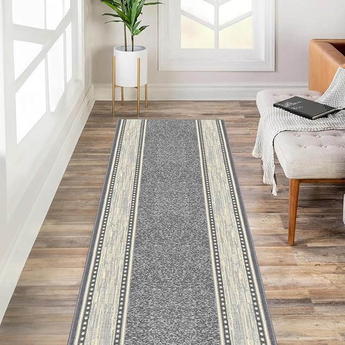 Kapaqua Custom Size Grey Ivory Bordered Rubber Backed Non-Slip Hallway Stair Runner Rug Carpet 31 inch Wide Choose Your Length 31in X 12ft