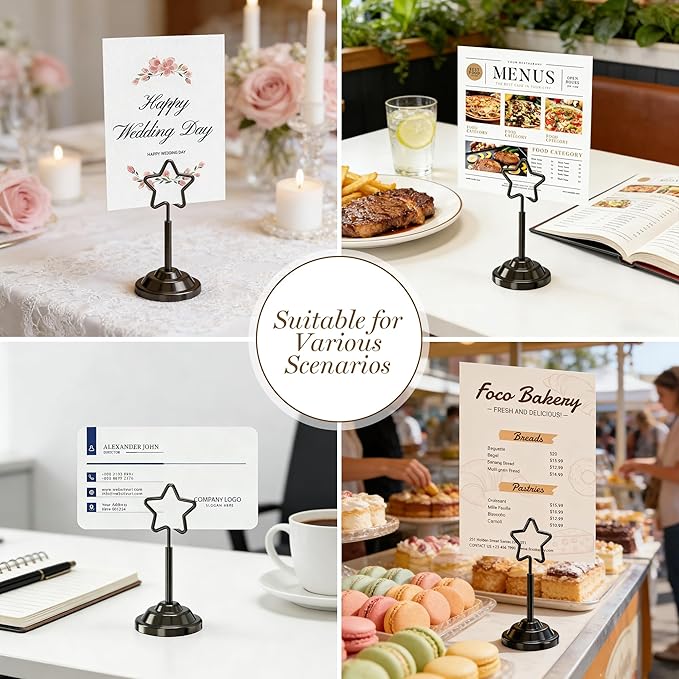 Urban Deco 16 Pieces Table Card Holder Place Card Holders 4 inches Steel Card Holders for Photos, Food Signs, Memo Notes, Weddings, Restaurants, Birthdays (Nickel Black Pentagram)
