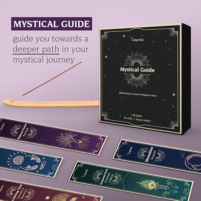 Mystical Guide Incense Sticks Variety Pack of 6 (120 Insence-Sticks) with Holder: Patchouli, Lavender, Sandalwood, Cinnamon, Lemongrass, Sage Inscents-Stick, Organic Incense Stick Non Toxic