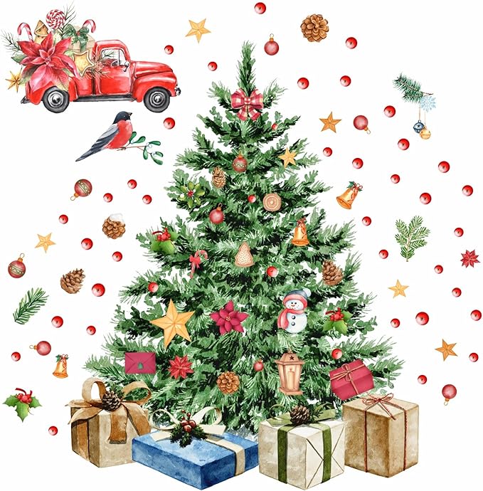 Large Christmas Tree Wall Decals Merry Christmas Wall Stickers Christmas Truck Wall Decals Peel and Stick,Watercolor Pine Tree Stickers for Window Decor Living Room Kids Room Gift Xmas Party Supplies