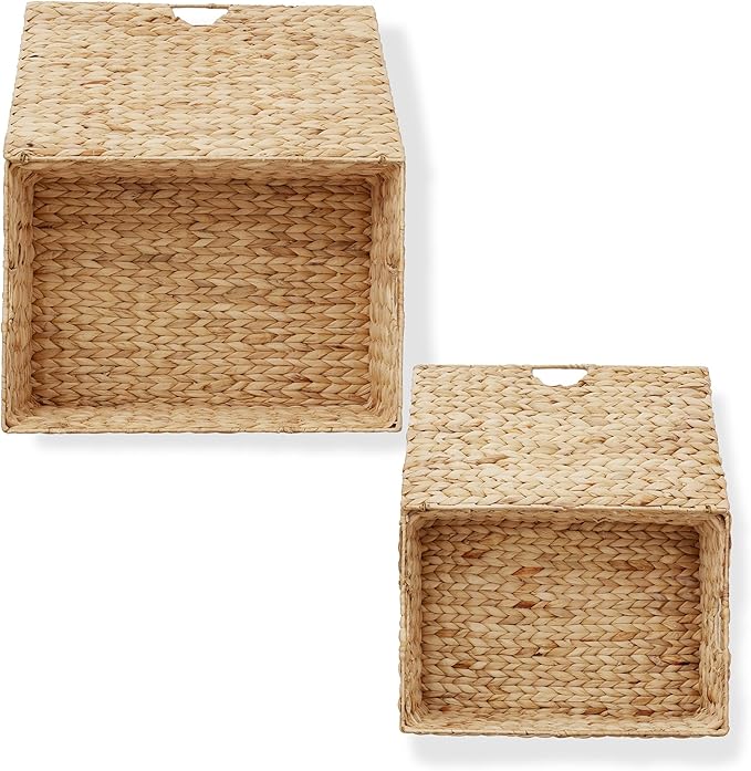 Casafield Set of 2 Water Hyacinth Rectangular Storage Baskets with Lids (Natural - Medium/Large) for Bedroom, Bathroom, Laundry, Home Office