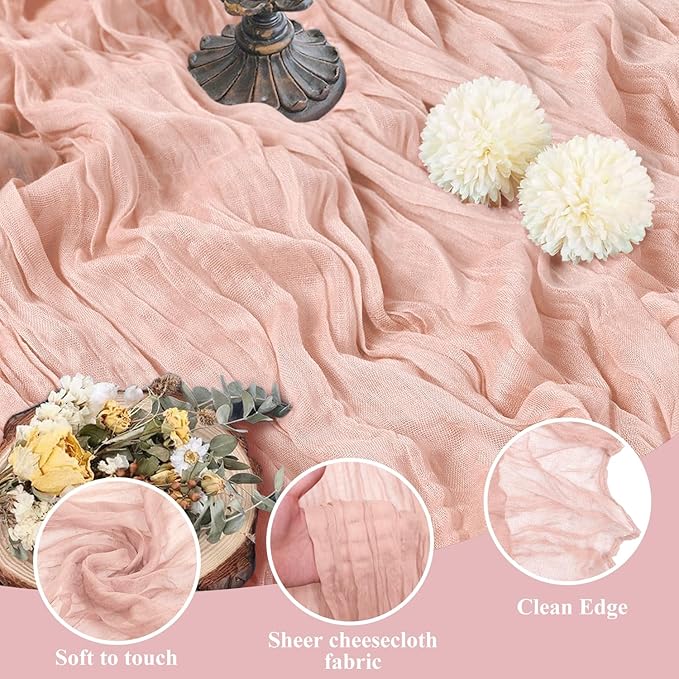 Asee'm 2pcs Cheesecloth Table Runner 120 Inches Dusty Pink Boho Gauze Cheese Cloth Runner 10FT Rustic Sheer Fall Table Runners for Thanksgiving Wedding Baby Shower Holiday Party Decoration