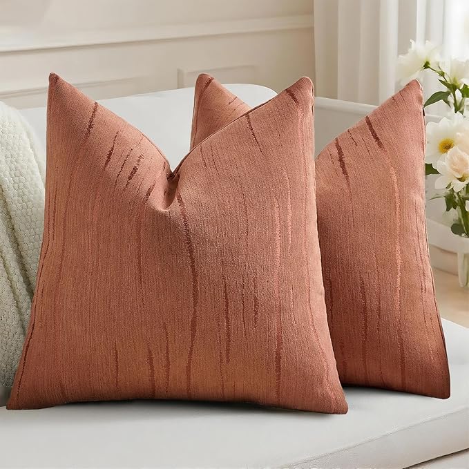HAUSSY Rust Throw Pillow Covers 16x16 Inch Set of 2, Boho Embossed Striped Textured Decorative Pillowcases Soft Chenille Cushion Cases, Modern Home Decor for Couch Bed Living Room
