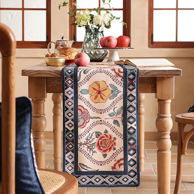 Rectangular Flower Table Runner 87 Inches Long,Farmhouse Linen Floral Table Runners with Navy Blue Border,Fall Decorations for Home Thanksgiving Christmas Party.12*87"-Lanae