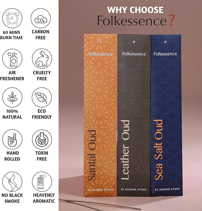 Folkulture Incense Stick with 60 Mins Burn Time for Gifting | Set of 4 (11") Organic Insenses | Pack of 100 Insence Sticks | Orchid, Leather Oud, Sea Salt, Santal Inciensos | Non Toxic Scented Insents