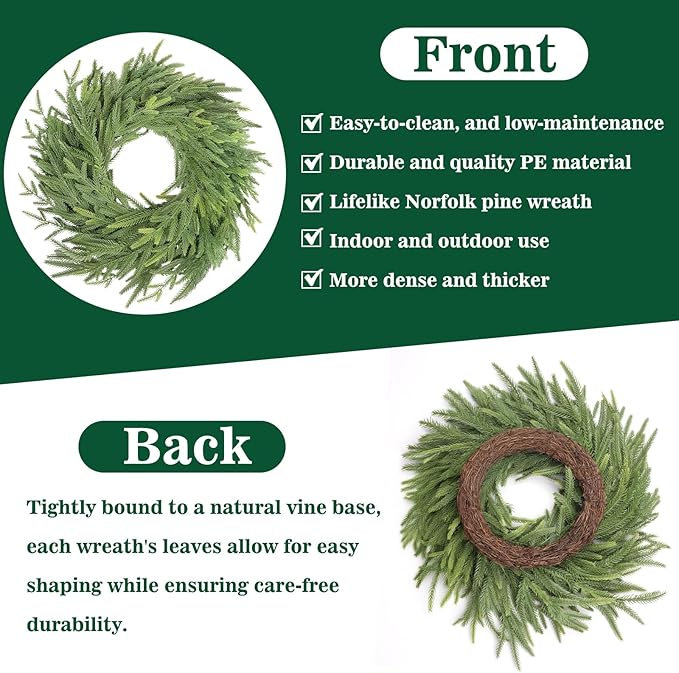 9 FT Christmas Artificial Norfolk Pine Garland with 18" Wreath, Real Touch Xmas Faux Greenery for Holiday Table Mantle Wall Fireplace Windows Home Front Door Indoor Decor