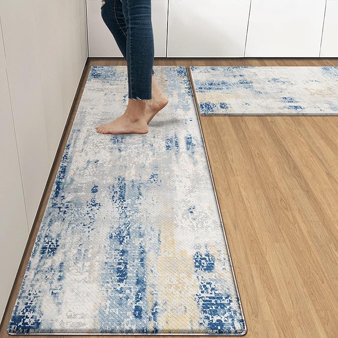 Arttown Modern Anti-Fatigue Kitchen Rug Set of 2 Blue Grey Cushioned Floor Standing Mat Waterproof Non-Slip Mat and PVC Ergonomic Comfort Foam Rug