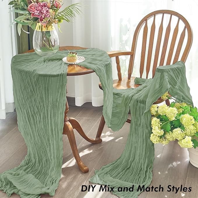 IVAPUPU 10 Pcs Cheesecloth Table Runner - 10ft Sage Green Boho Gauze Cheese Cloth Table Runners for Baby Shower Decoration Wedding Party Summer Garden Farmhouse