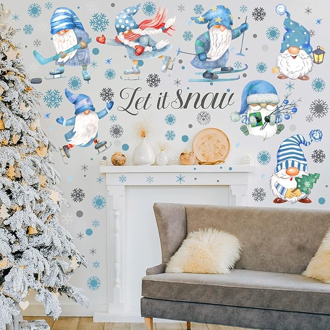 135 Pcs Winter Wall Decals Snowy Winter Gnome Stickers Snowflake Wall Decals White and Blue Stickers Christmas Window Clings for Home Bedroom Kitchen Decor Gift