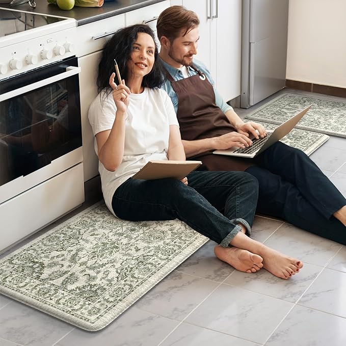 KIMODE Kitchen Mats Cushioned Anti Fatigue 2 PCS, Boho Kitchen Mats Stain Resistant, Standing Kitchen Runner Rug, Non Slip Waterproof Kitchen Sink Floor Mat, 17.3"x59"+17.3"x29", Green