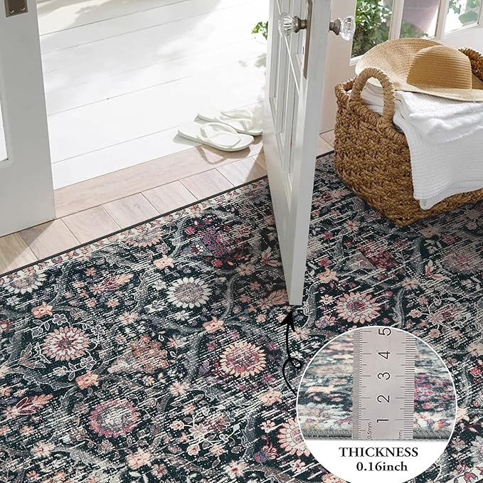 Lahome Moroccan Trellis Washable Round Area Rug, Round Rug 5ft Soft Non-Slip, Non-Shedding Distressed Circle Carpet for Bedroom Living Room Bathroom Nursery Kitchen, Black/Multi