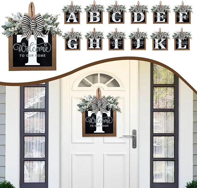 Ultra Large 14'' Last Name All Year Round Front Door Wreath with 26 Initial Letter Welcome Sign All Seasons Eucalyptus Garland and Bow Wreaths for Front Door Porch Farmhouse Decoration (T)