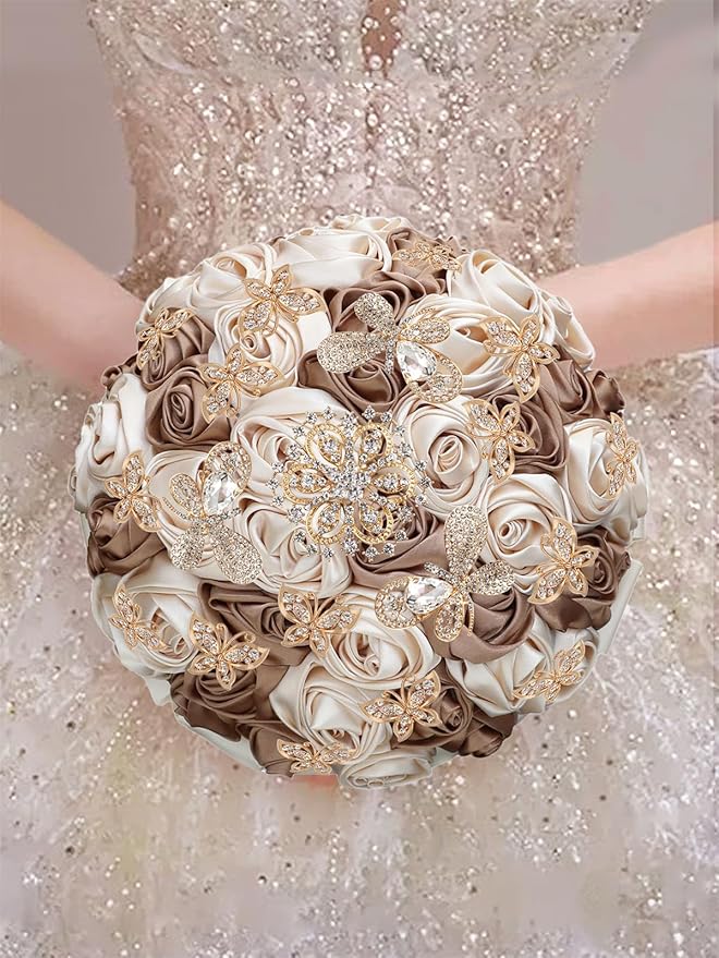 Handmade Floral Satin Rose Butterfly Shape Rhinestone Bridal Bouquet Luxury Golden Rhinestone Artificial Flowers for Wedding