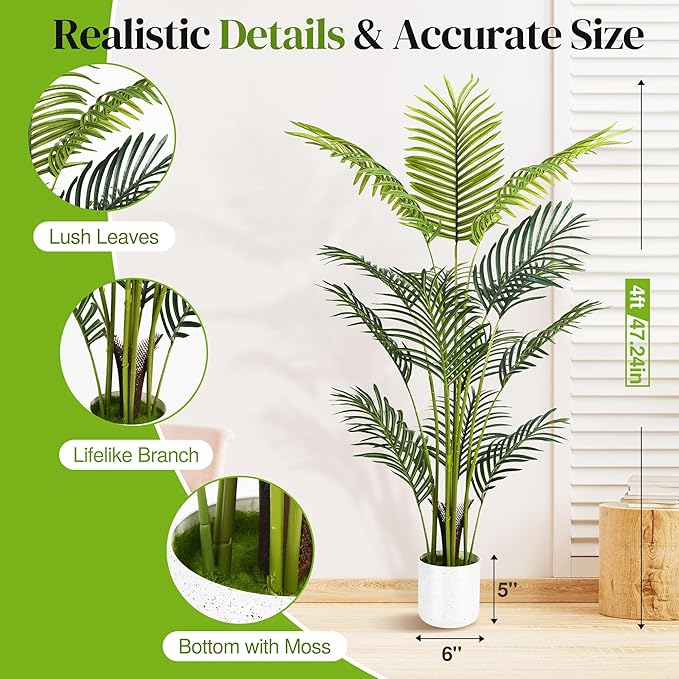 Artificial Palm Tree 4FT, Suntee Fake Tree with White Tall Planter 2 Pack, Faux Tropical Areca Floor Plant in Pot, Artificial Silk Plant for Home Office Living Room Decor Indoor