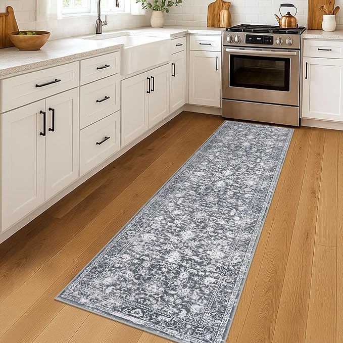 KILOCOCO Hallway Runner 2x7 Rug Runner Printed Vintage Floral Washable Kitchen Runners Non-Slip Rubber Backed Runners for Hallways Laundry Room Distressed Boho Rugs for Entryway Bedroom, Grey