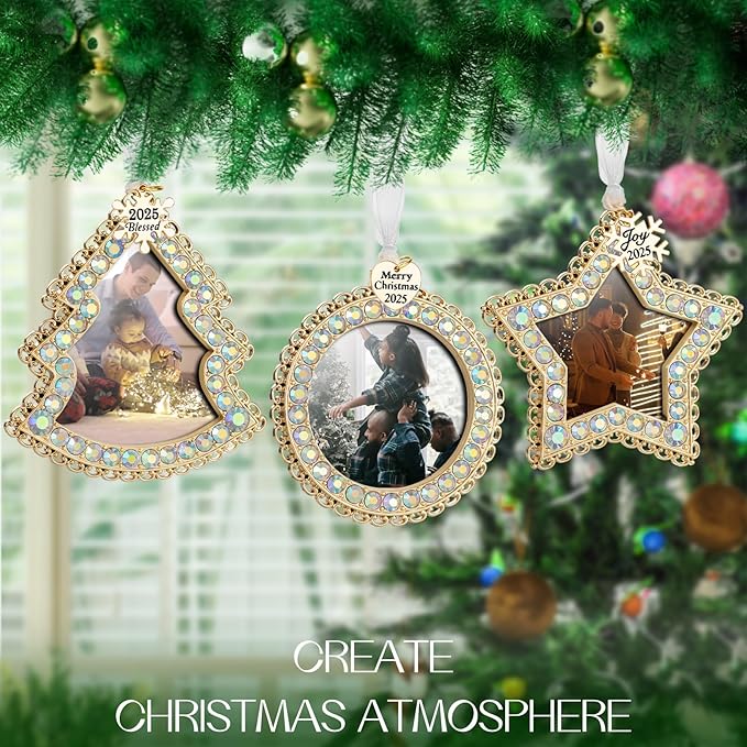 Laraine Christmas Tree Ornaments 3 Pieces – Decorative Hanging 2025 Rhinestones Pendant with Small Picture Frame Insert for Pet Holiday Keepsake Gift (Gold (2025))