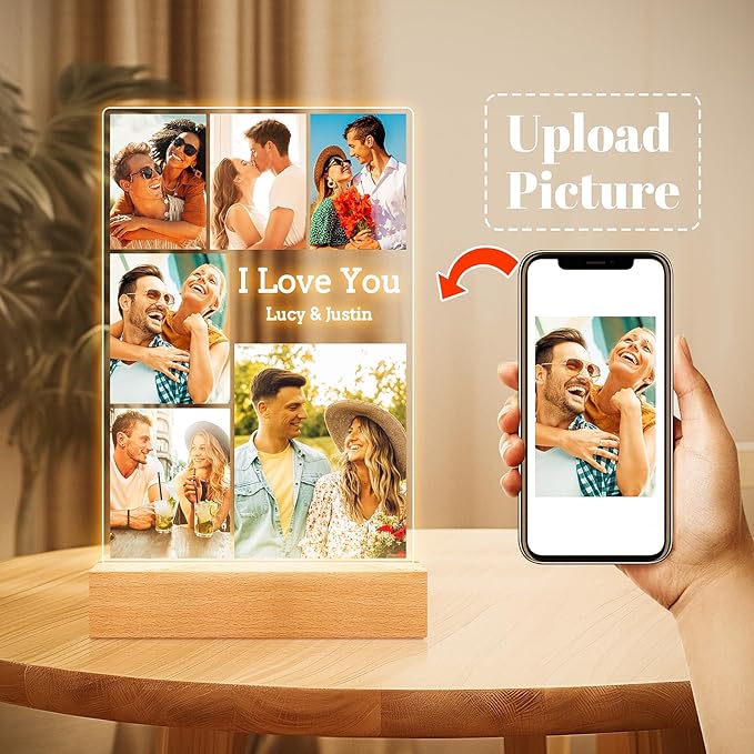 Custom Picture Frames with Photo, Personalized Photo Frame with Night Light, Customized Picture Frame, Personalized Anniversary Couple Christmas Gifts for Women Men Girlfriend Boyfriend Her Him