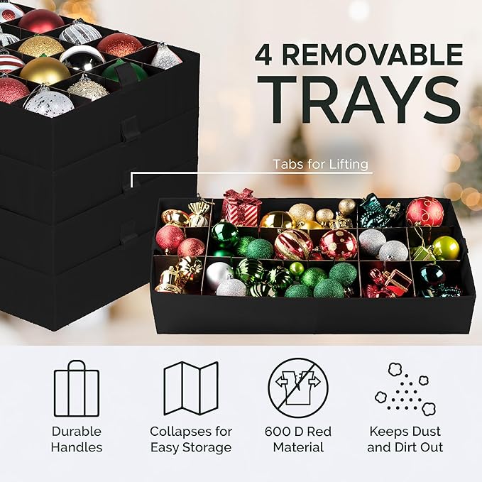Christmas Ornament Storage Container,Box Stores Up to 96-4 inch ornaments, Adjustable Dividers, Large Organizer Bin to Protect and Store Holiday Décor - Black