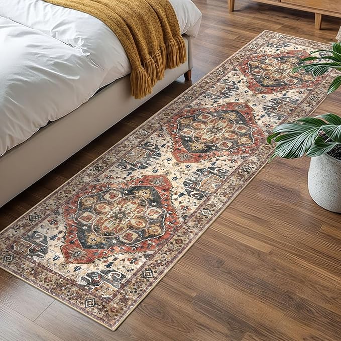 2x7 Washable Runner Rug for Hallways, Terracotta Soft Classic Kitchen Rugs with Non-Slip, Non-Shedding Boho Rug for Hallways Entryway Bedroom Bathroom Laundry Indoor