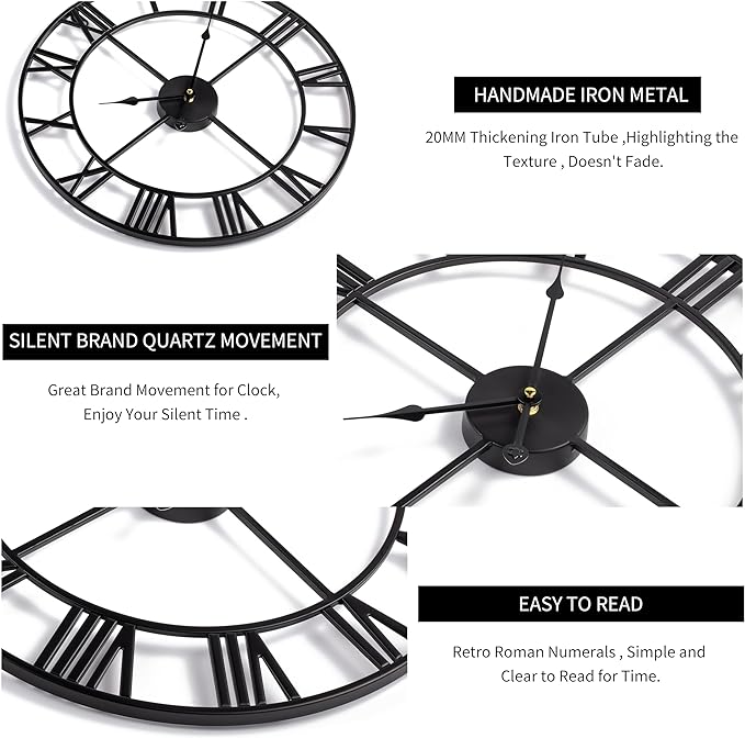 Large Modern Metal Wall Clocks Rustic Round Nearly Silent Little Ticking Battery Operated Roman Numerals Clock for Living Room/Bedroom/Kitchen Wall Decor-(Black, 47cm)