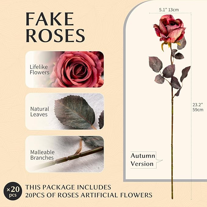 Artificial Flowers Artificial Roses 23.2In Fake Roses Long Stem Artificial Flowers for Tall Vase Silk Rose Suitable for Indoor Decoration Wedding Party Decor DIY Bouquet Autumn (20PCS,Red)