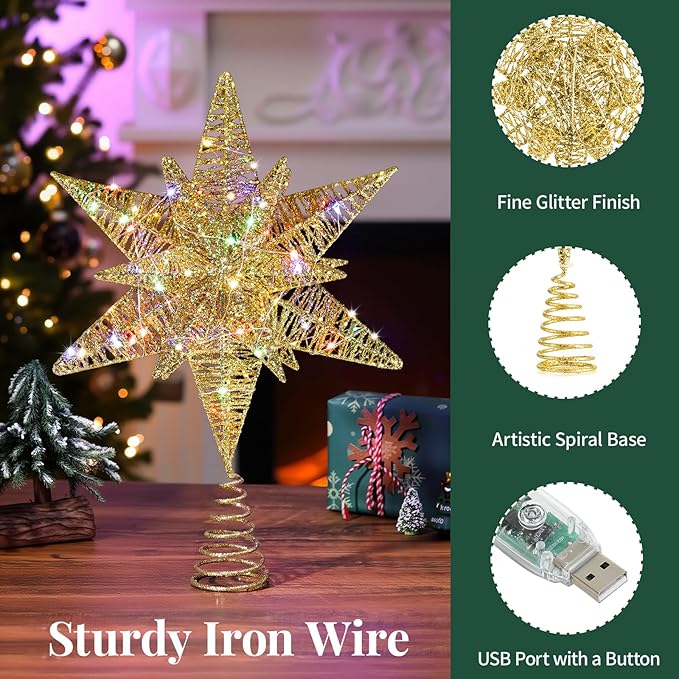 Lewondr Christmas Star Tree Topper, USB Powered Remote Controlled 11 Inch Multilayer Hexagonal Tree Topper Christmas Decor with 8 Light Modes for Home Holiday Xmas, Timer Function, Colorful, Gold