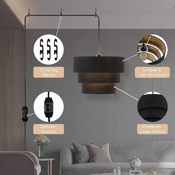 Plug in Pendant Light, Hanging Light Fabric Shade, Pendant Light Fixture for Bedroom, Kitchen, Living Room, Dining Table (Black)