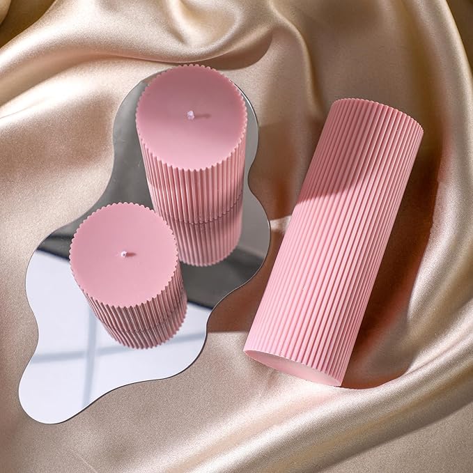 Ribbed Pillar Candles Set of 3, Width 3" High 4" 6" 8" Large Soy Wax Orchids Scented Pillar Candles Aesthetic Ribbed Modern Home Decor for Bathroom Living Room(Pink)