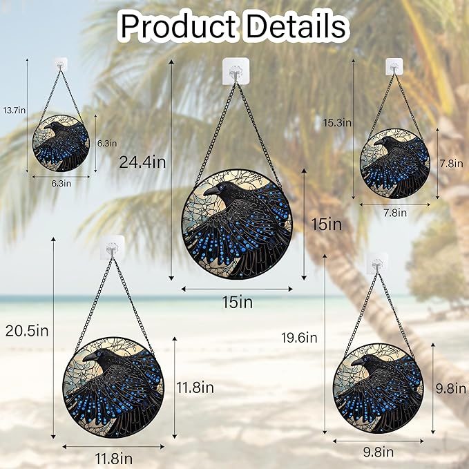 Stained Glass Window Hanging - Black Crow Big Wings Suncatcher for Doors Garden Patio Bird Sun Catchers Decor Christmas Mother's Day Birthday Gifts for Women Men Mom Nana Friend 6.3 in
