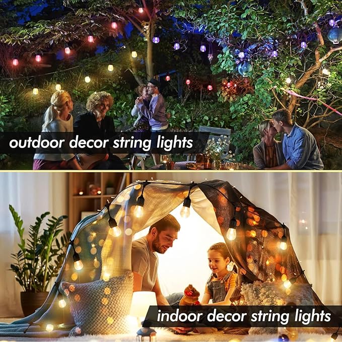 Auroraworld 24FT RGB Outdoor String Lights, Dimmable Color Changing Waterproof LED Patio Lights with Remote, 12 Shatterproof Bulbs for Backyard Garden Party Decor