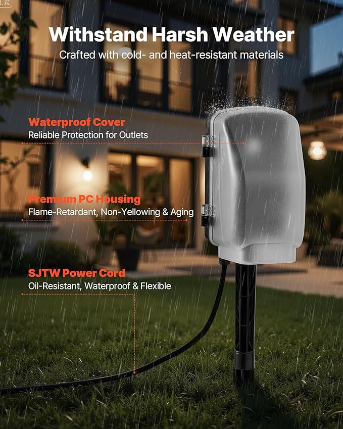 VEVOR Outdoor Power Stake Timer, 25FT Extension Cord, Remote Control Outdoor Power Strip with Cover, Dusk to Dawn Light Timer Waterproof, 6 Outlets for Halloween Christmas Lights, Garden Decorations